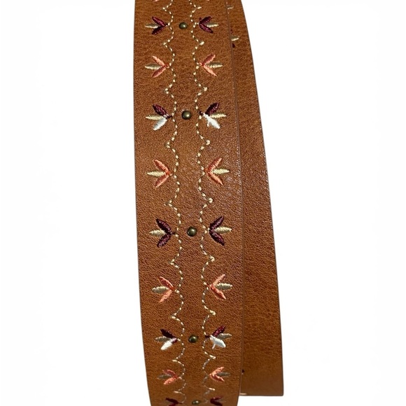 Embroidered Brown Leather Belt with Brass Oval Buckle main image 6